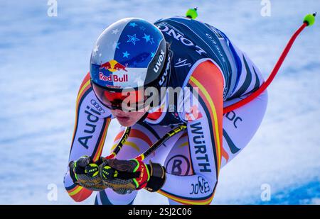 Saalbach Hinterglemm, Austria. 11 febbraio 2025. Sci alpino: Campionati del mondo, Team Combined, Ladies, Downhill. Emma Aicher dalla Germania in discesa. Crediti: Jens Büttner/dpa/Alamy Live News Foto Stock