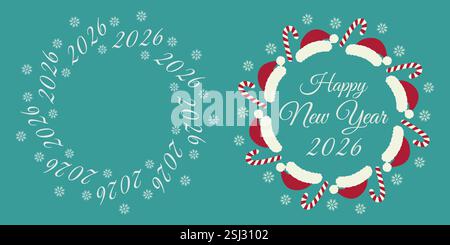 2026 e fiocchi di neve cornice circolare e felice anno nuovo 2026 testo in cornice di Santa Hat e Candy cane. Set (Imposta). Illustrazione vettore isolata biglietti di auguri o inviti, opuscolo, etichetta o banner promozionale Web Illustrazione Vettoriale