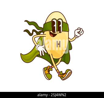 Personaggio supereroe Cartoon Groovy vitamina H. Pillola eroica gialla vettoriale isolata di biotina che indossa mantello verde e maschera per gli occhi, stridendo in avanti energicamente Illustrazione Vettoriale