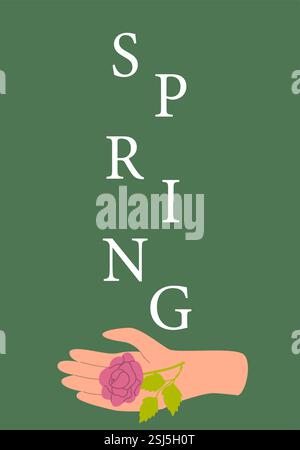 Arte primaverile con rosa e foglie in illustrazione a mano. Illustrazione Vettoriale