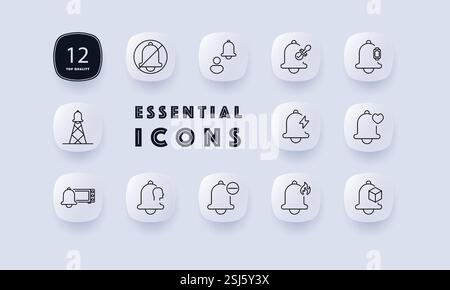 Icona di impostazione del sistema di notifica. Avviso campanello, esclusione microfono, priorità, notifiche intelligenti, emergenza, allarme energia, promemoria cuore, errore di sistema, avviso, incendio Illustrazione Vettoriale