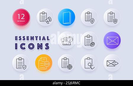 Icona Office and communication set (Ufficio e comunicazione). Cartella, annuncio, documento sicuro, record finanziario, monitoraggio dei file, lista di controllo, revisione dei documenti, busta, e-mail Illustrazione Vettoriale