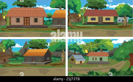 Set di illustrazione vettoriale di sfondo villaggio rurale. Collezione di sfondo per case di campagna Illustrazione Vettoriale
