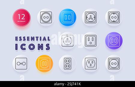 Icona di impostazione della presa di alimentazione. Prese elettriche, alimentatore, diversi tipi di prese, compatibilità con la tensione, spina universale, soluzioni di ricarica, inf. energia Illustrazione Vettoriale