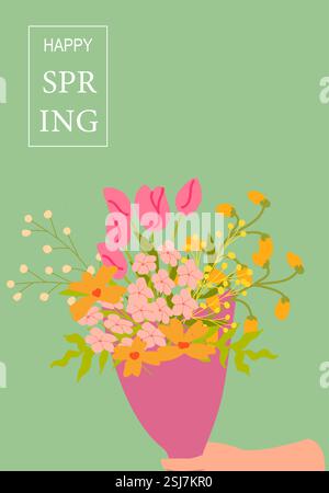 Colorato bouquet primaverile in vaso rosa con mano su sfondo verde. Illustrazione Vettoriale