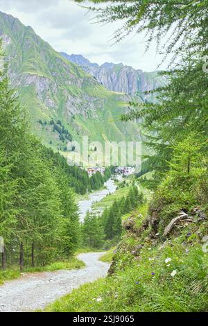 Un sentiero tortuoso che conduce attraverso una verde valle alpina a Samnaun, in Svizzera, con un villaggio di montagna e picchi aspri in lontananza. Foto Stock