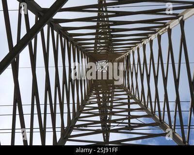 Pilone di potenza sul cielo blu come visto dal di sotto Foto Stock