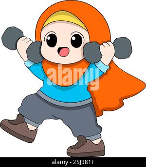 Una allegra ragazza musulmana dei cartoni animati che indossa un hijab e un abbigliamento sportivo, sollevando i manubri con un'espressione entusiasta Illustrazione Vettoriale