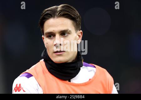 Milano, Italia. 10 febbraio 2025. Nicolo fagioli dell'ACF Fiorentina guarda durante la partita di serie A tra FC Internazionale e ACF Fiorentina allo Stadio Giuseppe Meazza il 10 febbraio 2025 a Milano. Crediti: Marco Canoniero/Alamy Live News Foto Stock
