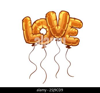I palloncini d'amore per San Valentino. Palloncino oro cartoni animati che scrive la parola "amore per la celebrazione". Le vivaci lettere vettoriali che fluttuano nell'aria trasmettono romanticismo, gioia Illustrazione Vettoriale