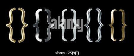 Staffe metalliche. Bretelle ricciose dorate, coppie di staffe in metallo cromato e argento lucido per telai per preventivi e disegni di scatole per preventivi. 3D realistico Illustrazione Vettoriale