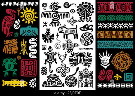 Ornamenti tribali polinesiani per tatuaggi. Antichi simboli tribali indigeni con animali, sole e figure umane. Modelli etnici con forme geometriche e. Illustrazione Vettoriale