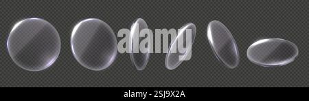Dischi in vetro trasparente. Elementi ottici lucidi 3D realistici, ricerca, ingrandimento, cerchio di vetro trasparente con rifrazione della luce ed effetto di trasparenza Illustrazione Vettoriale