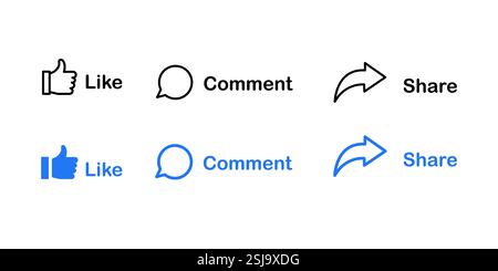 I pulsanti delle icone mi piace, Condividi e commenta vengono impostati in nero e blu. Le icone dei social media impostano uno stile piatto e di contorno. Pulsante mi piace, pollice in alto, commento, re Illustrazione Vettoriale