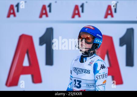 Saalbach Hinterglemm, Austria. 11 febbraio 2025. Sci alpino: Campionati del mondo, Team Combined, donne, Mikaela Shiffrin dagli Stati Uniti nell'area di arrivo. Crediti: Jens Büttner/dpa/Alamy Live News Foto Stock