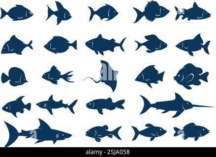 Pesci stencil. Pesci oceanici, squali, batomorfi e pesci d'acquario tropicale. Le specie acquatiche sottomarine isolate formano il set di vettori Illustrazione Vettoriale
