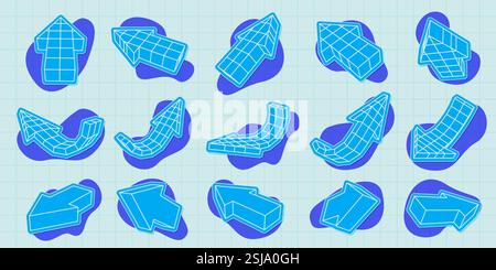 Strutture a reticolo 3D con freccia. Frecce futuristiche a griglia in varie direzioni e orientamenti, puntatori digitali a freccia geometrica, navigazione con puntamento e virata Illustrazione Vettoriale