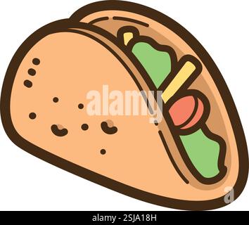 Illustrazione e grafica del doodle vettoriale Taco. Fa parte della categoria dei fast food. Illustrazione Vettoriale
