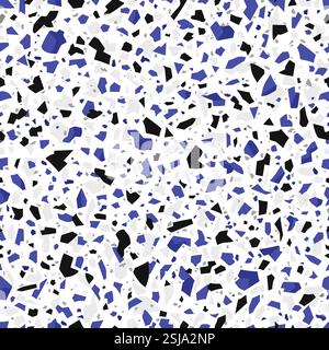 Pavimento in marmo di terazzo, piastrelle in ceramica terrazo, sfondo a mosaico terazo. Ornamento ripetuto senza cuciture vettoriali, con sfumature di blu, Illustrazione Vettoriale