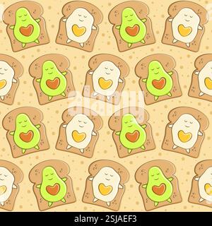 Motivo senza cuciture con avocado e uovo sul pane tostato. Sfondo vettoriale colorato. Illustrazione Vettoriale