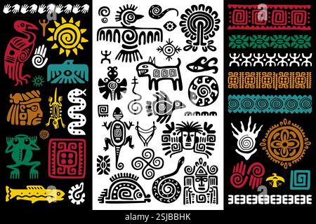 Ornamenti tribali polinesiani per tatuaggi. Antichi simboli tribali indigeni con animali, sole e figure umane. Modelli etnici con forme geometriche e S. Illustrazione Vettoriale