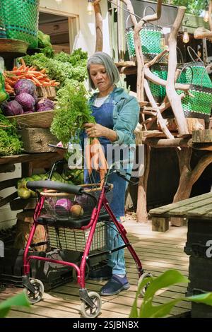 Donna disabile che lavora al mercato agricolo Foto Stock