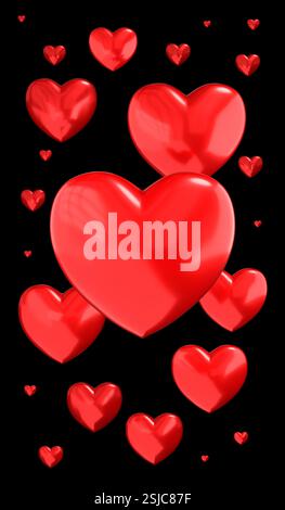 Molti cuori rossi su sfondo nero - illustrazione 3D. Foto Stock