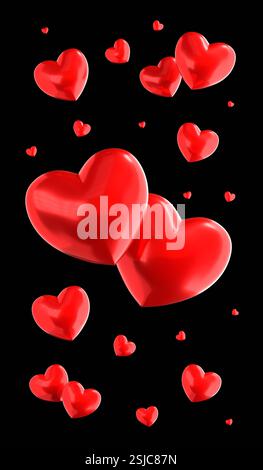 Molti cuori rossi su sfondo nero - illustrazione 3D. Foto Stock