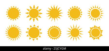Icona del sole nel design della silhouette. Icona solare isolata, sole, collezione Sunset. illustrazione vettoriale. Illustrazione Vettoriale