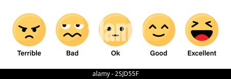 Icona emoji di valutazione, valutazione del feedback del cliente o del cliente, set di emoji, feedback del cliente. illustrazione vettoriale. Illustrazione Vettoriale