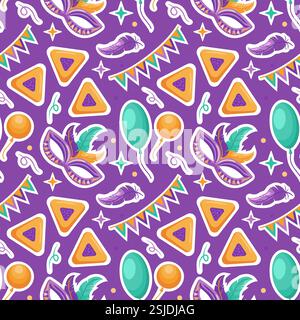 Disegna un'allegra illustrazione vettoriale per Purim con un motivo senza cuciture di Hamentashen, maschere, ghirlande festose e palloncini colorati che incarnano la figura Illustrazione Vettoriale
