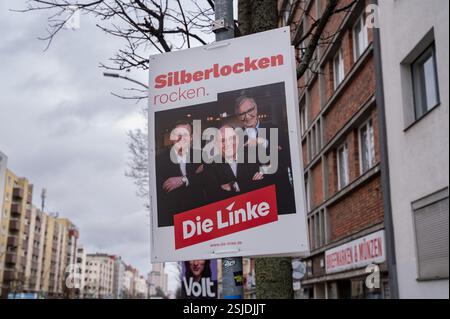 01.02.2025, Berlino, Germania, Europa - un manifesto elettorale del partito politico di sinistra (Die Linke) nella località berlinese di Charlottenburg, raffigurante Foto Stock