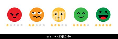 Icona emoji di valutazione, set di emoji, feedback del cliente, illustrazione vettoriale di valutazione a stelle. Illustrazione Vettoriale