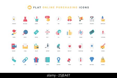 Acquisti e vendite in negozio online con buoni sconto, ordinare nel set di icone a colori per applicazioni mobili. Posizione per la consegna, pagamento per il carrello e illustrazione vettoriale degli elementi piatti del servizio di supporto Illustrazione Vettoriale
