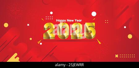 Banner festivo felice anno nuovo 2025 con testo 3D oro Illustrazione Vettoriale
