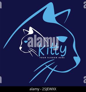 Moderno logo Kitty con silhouette Cat in blu e bianco Illustrazione Vettoriale