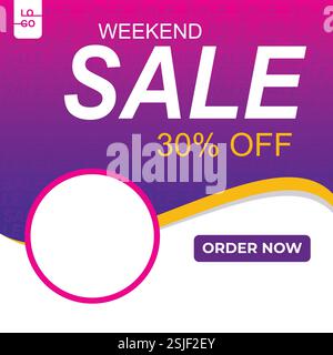 Modello di post sui social media, sconto del 30% sul viola nel fine settimana, sconto del 30% su tutto Concediti subito! Illustrazione Vettoriale