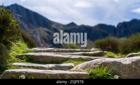 Primo piano degli antichi gradini di pietra che conducono a Llyn Idwal: Un percorso robusto incorniciato da montagne fuori fuoco e vegetazione sparsa Foto Stock