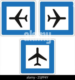 Tre cartelli stradali blu e bianchi che indicano l'aeroporto, con aerei in decollo e atterraggio Illustrazione Vettoriale