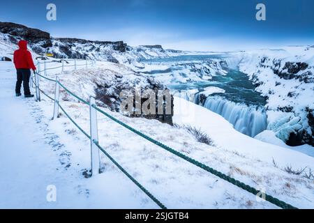 Cascate di Gullfoss in inverno all'alba. Hrunamannahreppur, Arnessysla, Sudurland, Islanda, Nord europa. Foto Stock