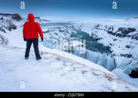 Cascate di Gullfoss in inverno all'alba. Hrunamannahreppur, Arnessysla, Sudurland, Islanda, Nord europa. Foto Stock