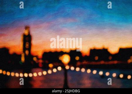 Il sole tramonta sul Big Ben e Westminster, Londra, Inghilterra. Foto Stock