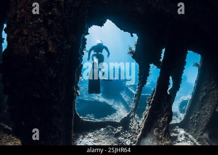 Freediver esplora relitti sottomarini, circondati da raggi di luce e vegetazione marina. Immersioni gratuite presso la nave dei relitti Foto Stock