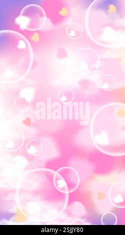 Sfondo rosa da sogno con cuori e bolle. Illustrazione soft vettoriale. Illustrazione Vettoriale