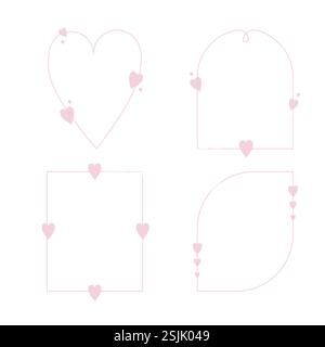 Splendido set di cornici. Linee disegnate a mano e forme del cuore. Biglietto d'auguri per gli anniversari. Illustrazione vettoriale, design piatto Illustrazione Vettoriale