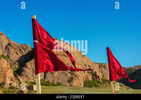 bandiere rosse su un palo di legno in un campo. panno rosso inchiodato a un palo per l'orientamento Foto Stock