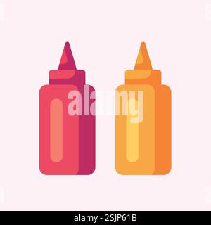 Flaconi di plastica in vetro con ketchup vettoriale di pomodoro e salsa di maionese Illustrazione Vettoriale