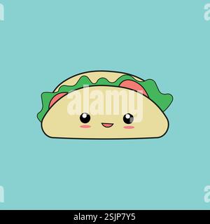 Taco con una faccia kawaii su sfondo blu Illustrazione Vettoriale