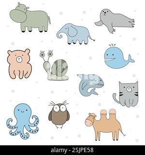 Cartoni animati vettoriali, un grande set di simpatici animali scarabocchi Illustrazione Vettoriale