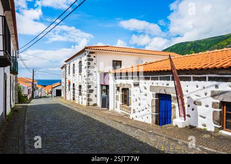 Strada con case in stile tradizionale e architettura nel villaggio di Faja grande, isola di Flores, Azzorre, Portogallo Foto Stock